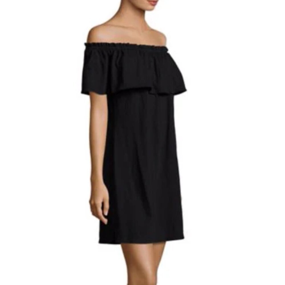 Current Elliott Dress Small Black Off Shoulder Mini Ruffled A-line Cotton Jersey - Picture 3 of 5